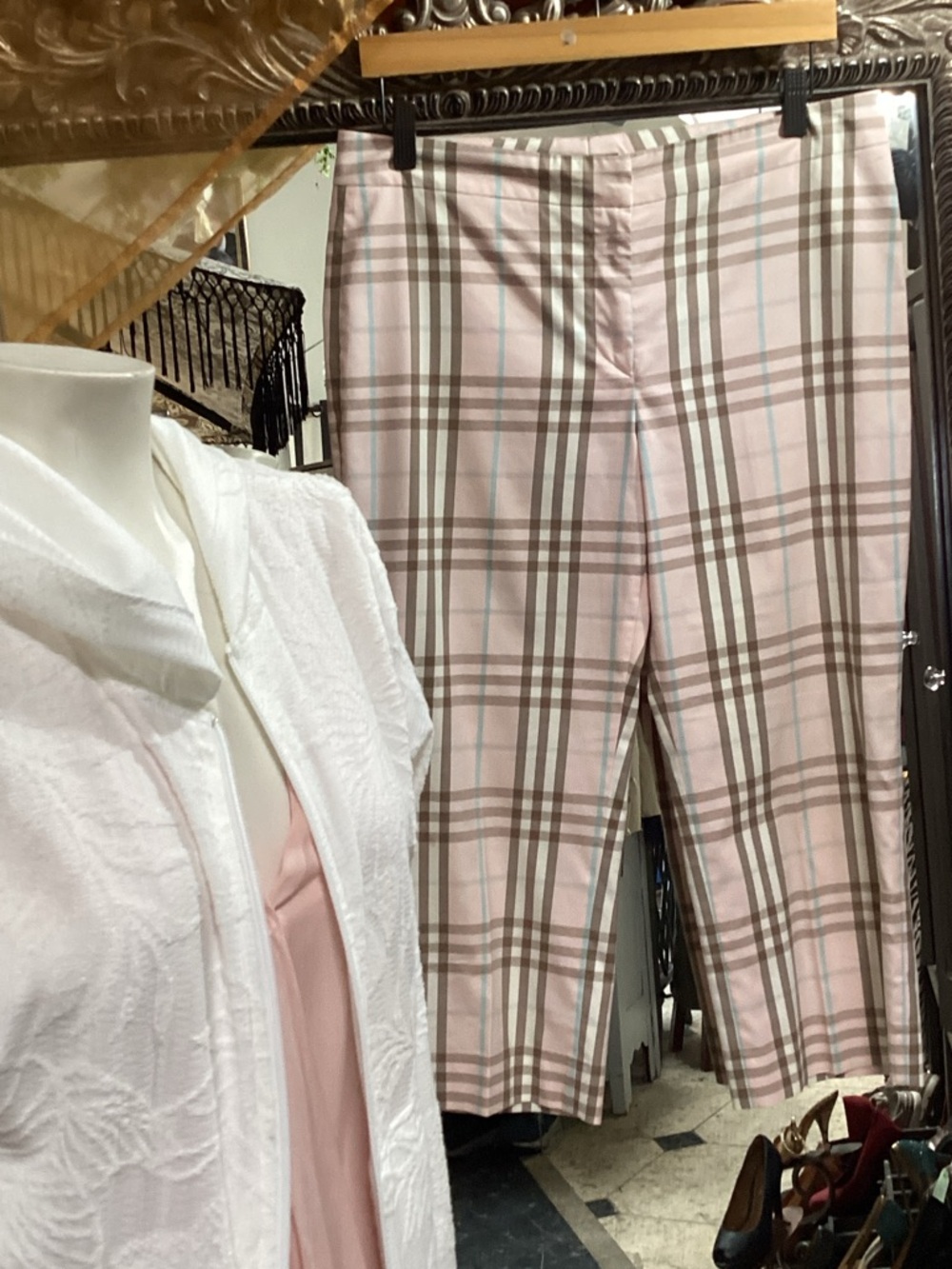 Burberry Pink Plaid Capri Pants with Blue Accents
Waist measures 17” flat front